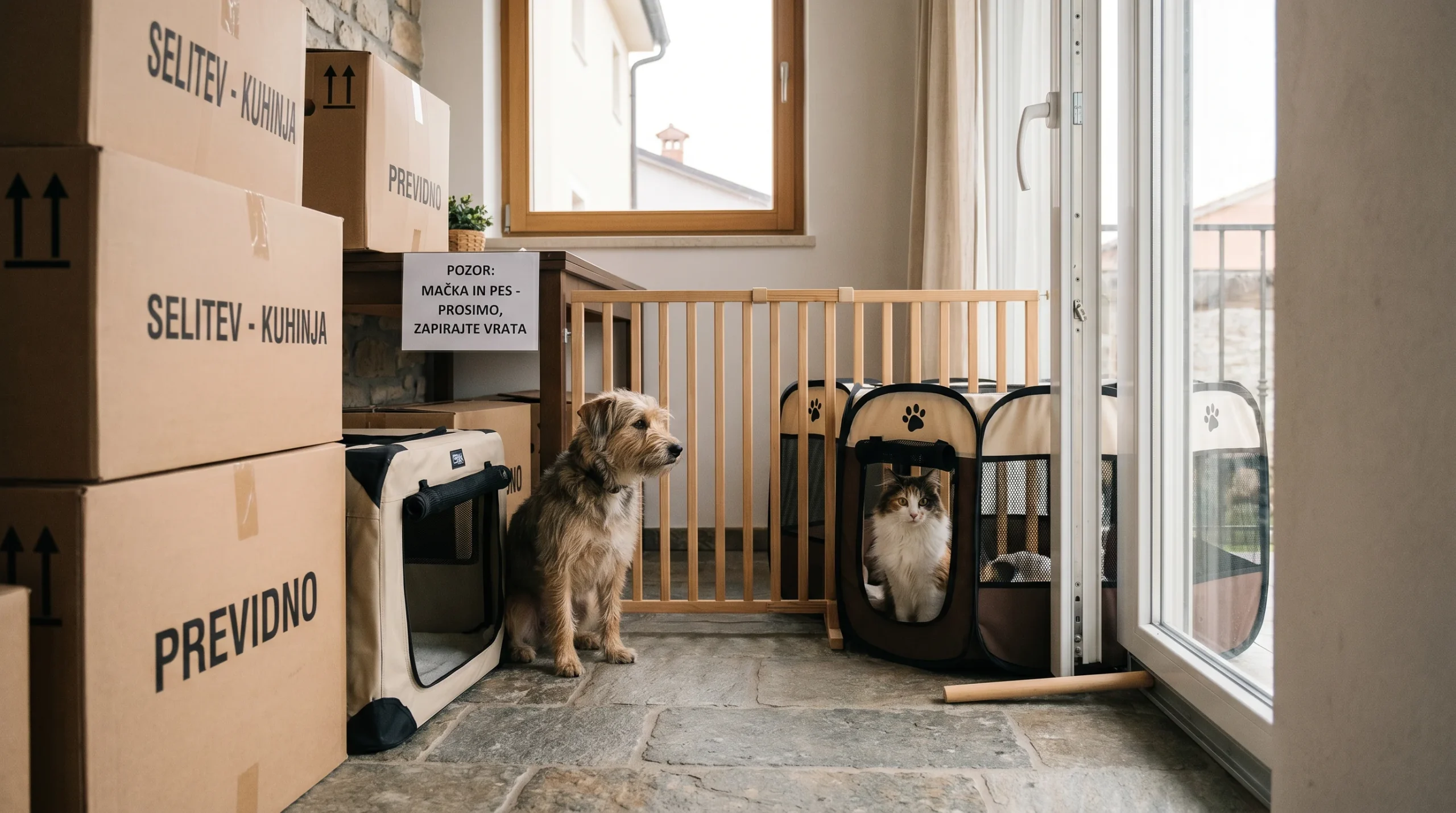 A medium-sized dog and a cat in a compact entryway of a European vacation apartment; a portable pet playpen and a baby gate block access to a balcony
