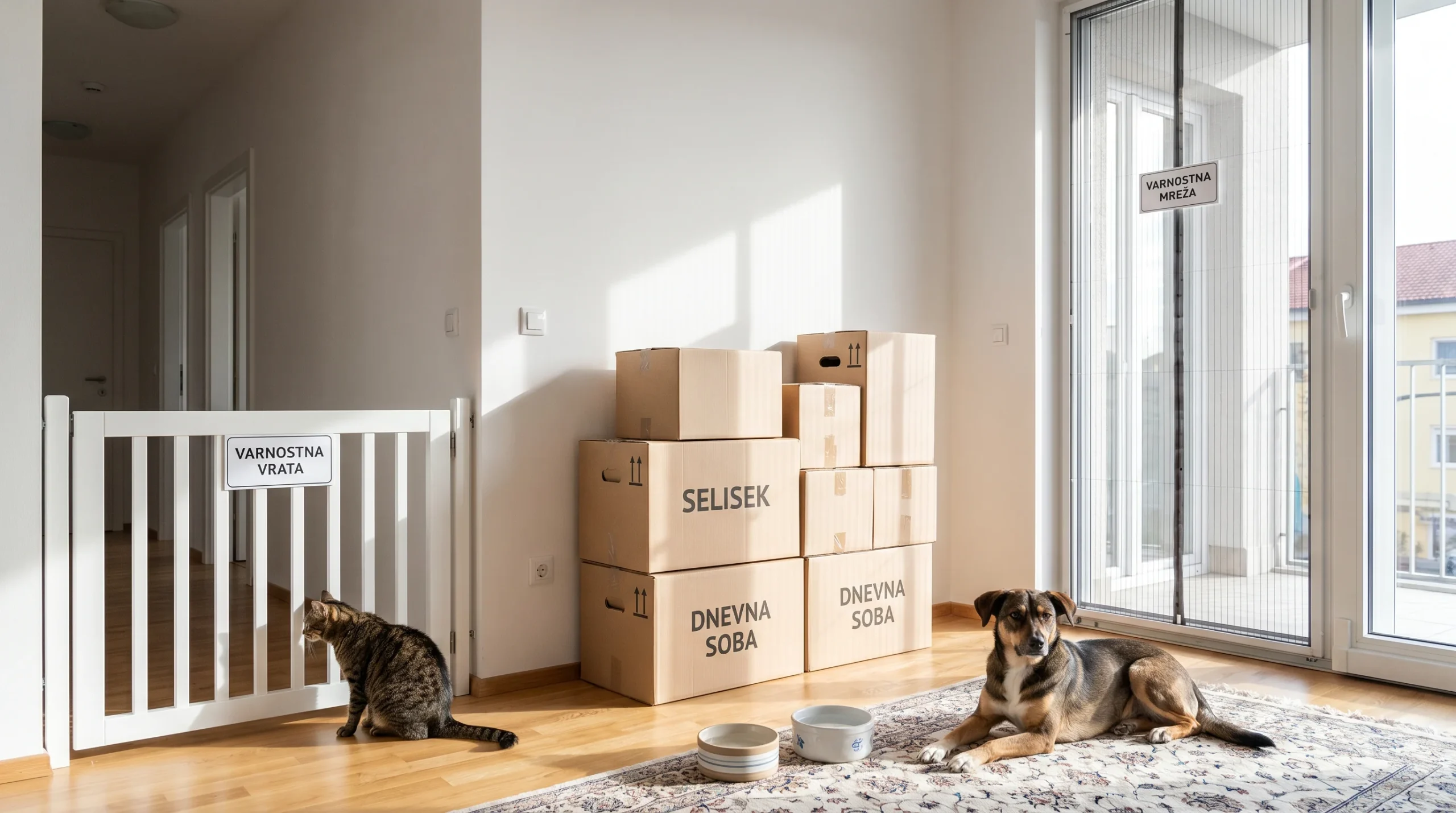 A tidy living room during a move: cardboard boxes neatly stacked, a white baby gate securely blocking a hallway, a closed balcony door fitted with a t