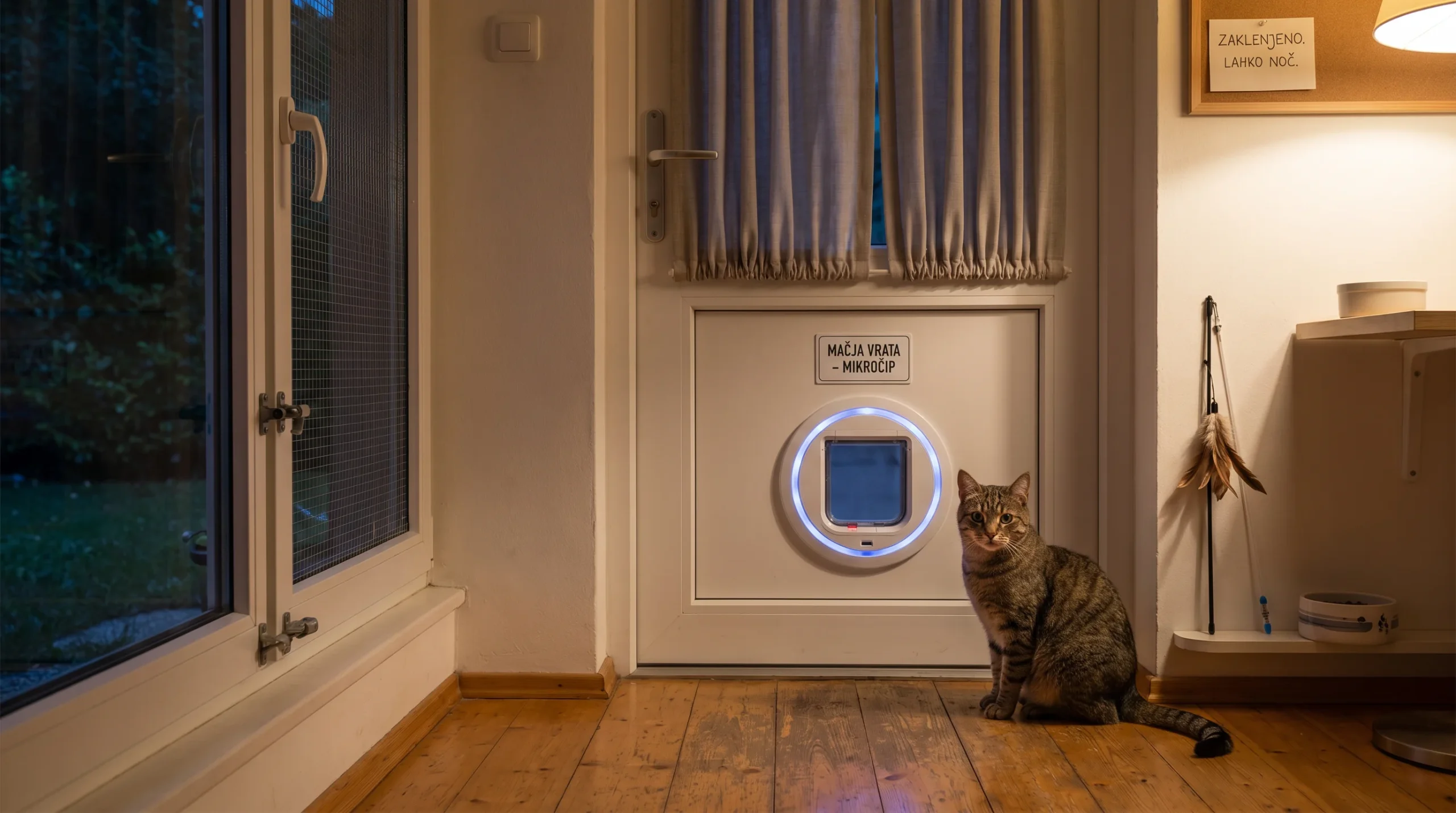 A domestic short-haired tabby cat indoors at night, calmly sitting near a closed RFID microchip cat flap in a white back door; a subtle illuminated ri