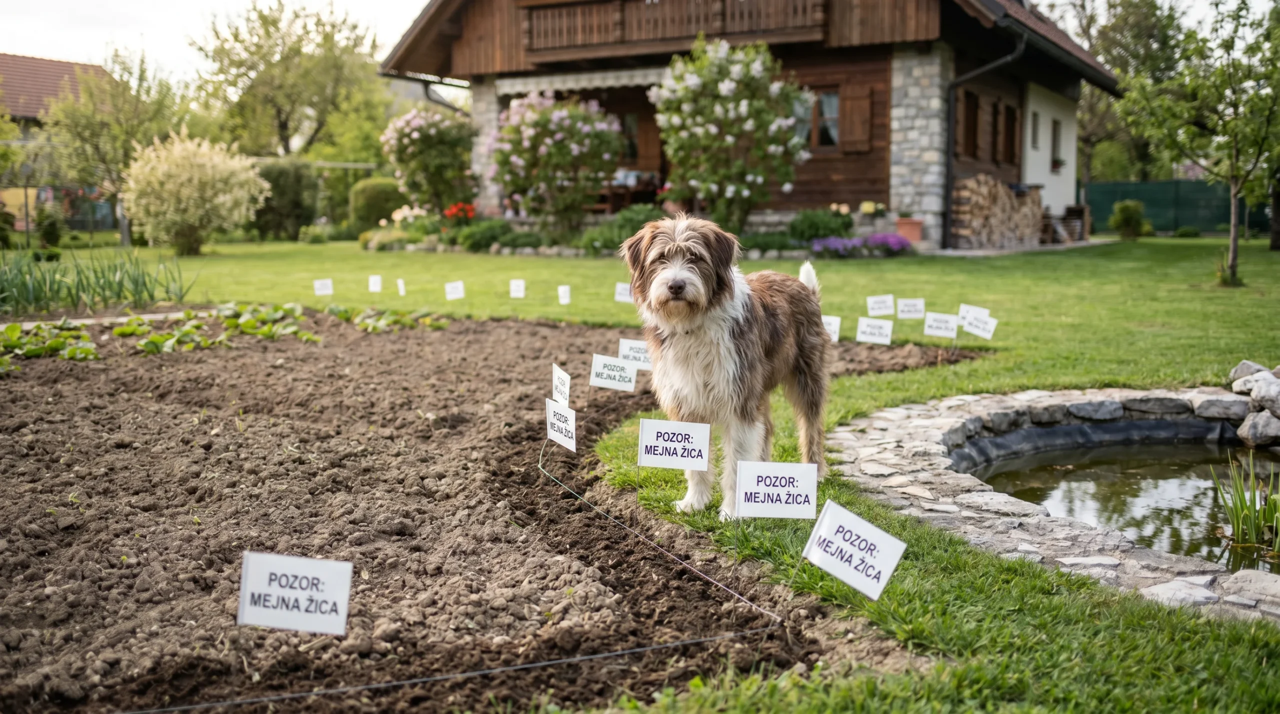 A calm afternoon in a Slovenian suburban backyard with a medium-sized mixed-breed dog standing just inside a line of small white boundary flags that t