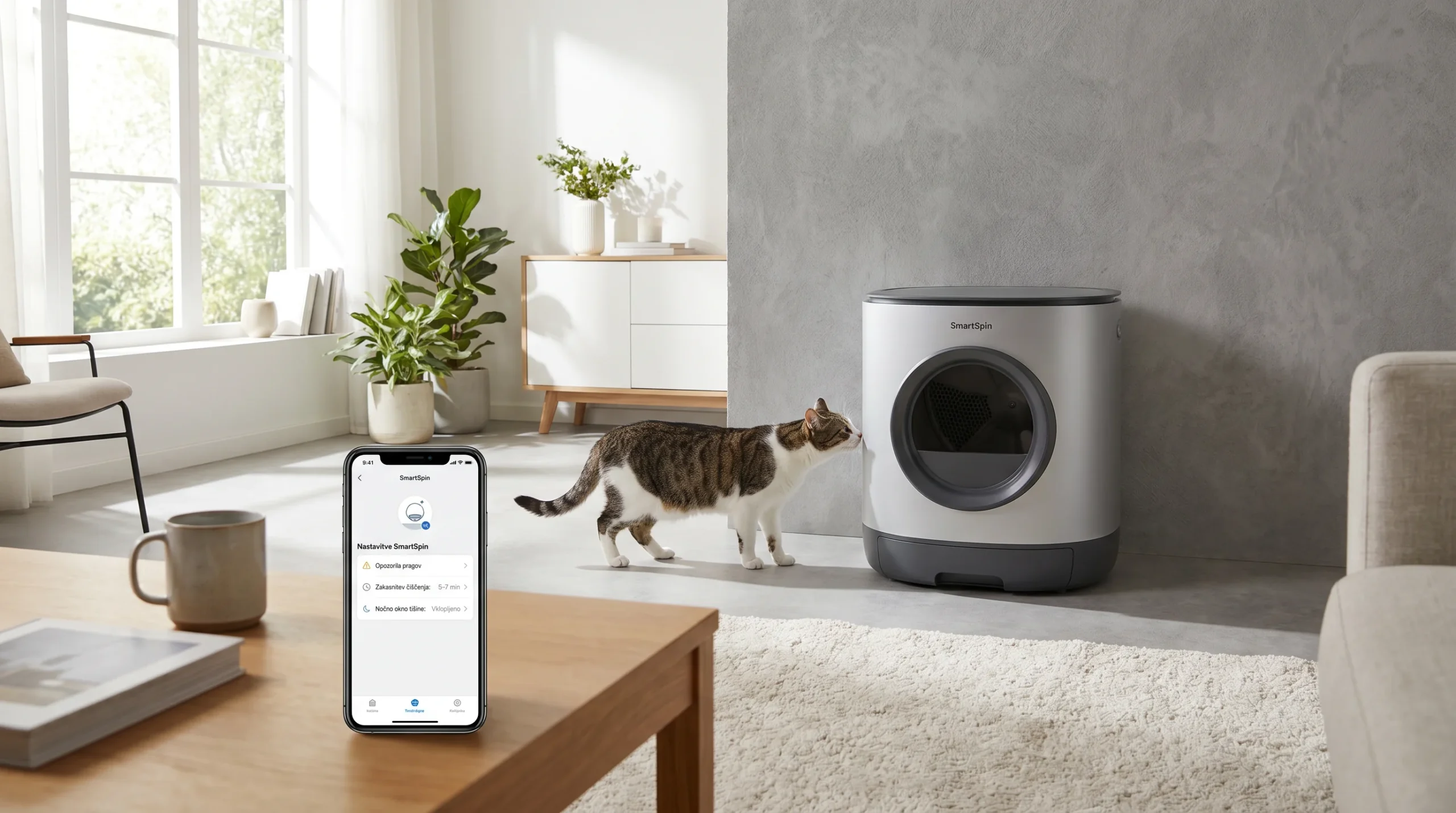 A modern living room with a SmartSpin self-cleaning cat litter box near a wall; a domestic short-haired cat curiously sniffing the unit; a smartphone