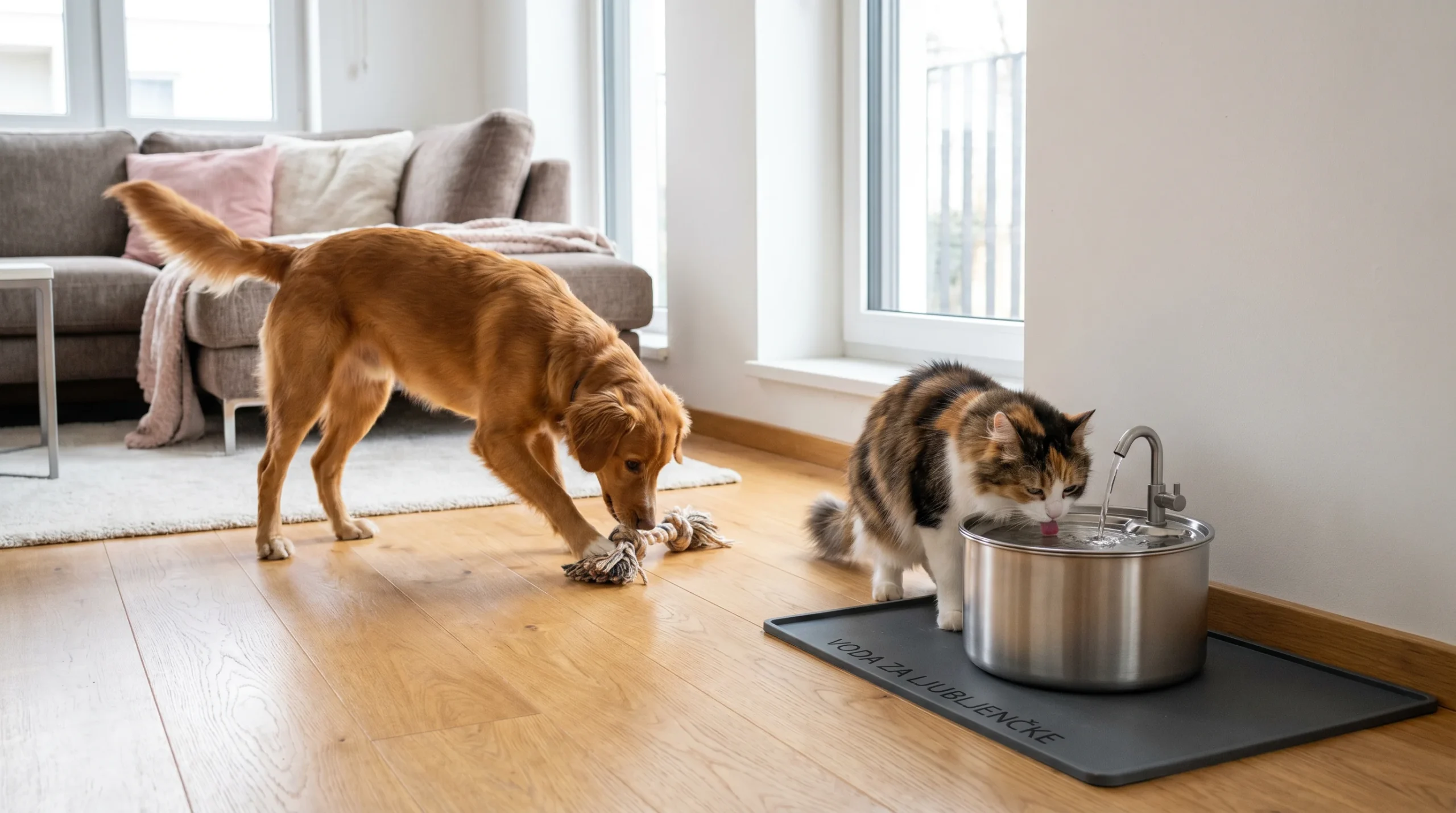 Bright, cozy living room with an active medium-sized dog and a curious cat calmly drinking from a stainless-steel pet water fountain on a non-slip mat