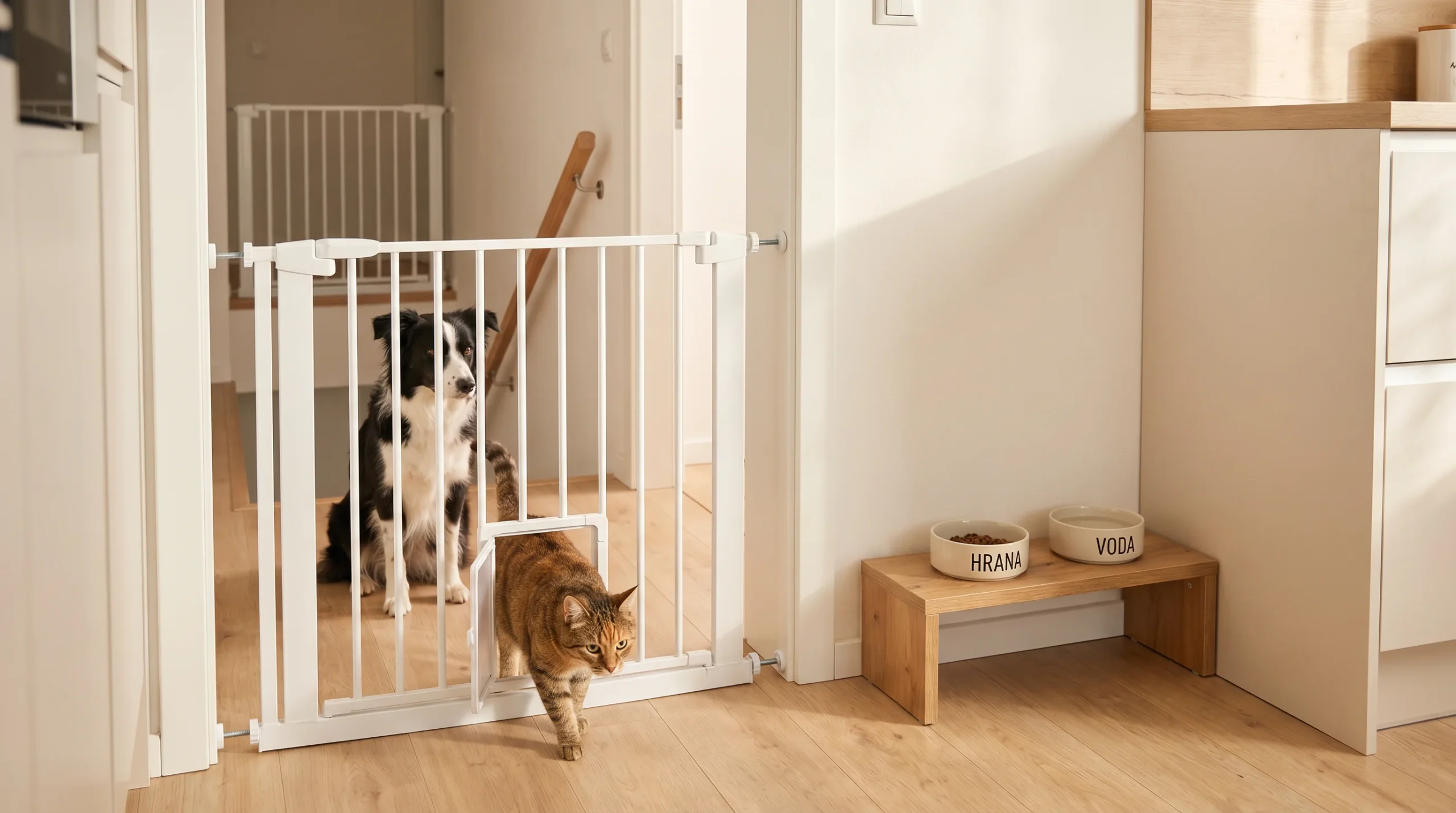 Bright modern kitchen doorway with a white pressure-mounted pet gate featuring a small cat door open at the bottom; a tabby cat calmly slipping throug