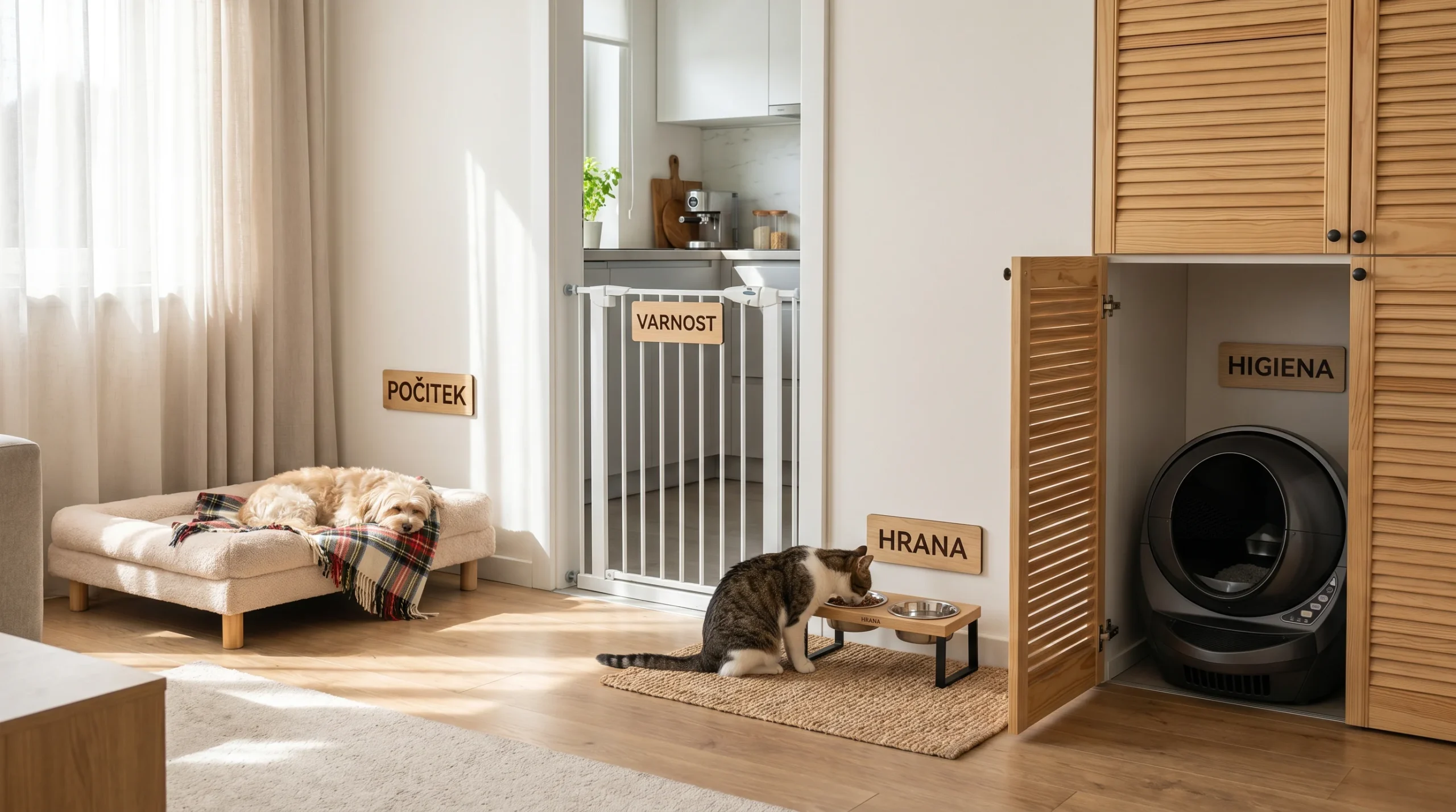 A real home interior showing pet micro-zones: a small dog resting on a bed in a quiet corner, a cat eating at an elevated feeding station on a mat, a