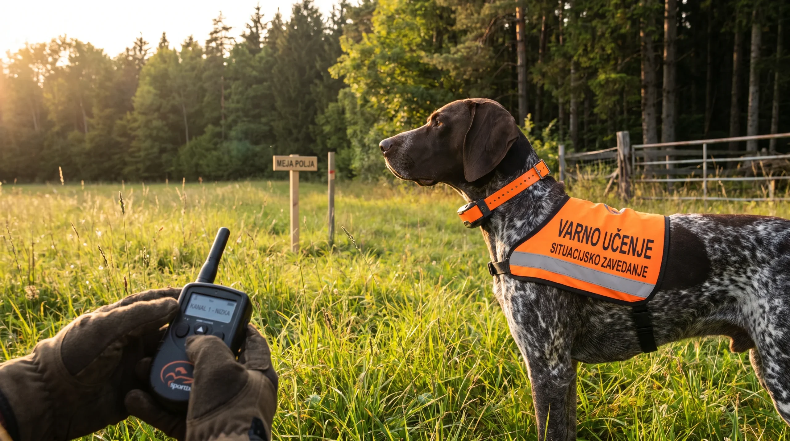 A German shorthaired pointer wearing an orange SportDog e-collar and reflective vest stands alert at the edge of a meadow near a forest; only the hand